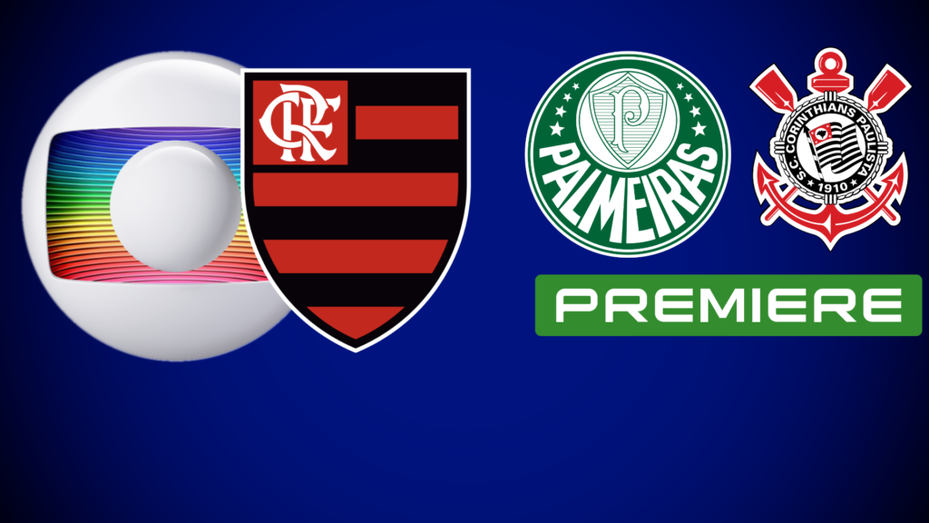 Brasileirão na TV: Palmeiras x Corinthians ficou exclusivo do Premiere. Globo escolheu Flamengo para a maior parte do país no domingo - Arte: Blog do Allan Simon